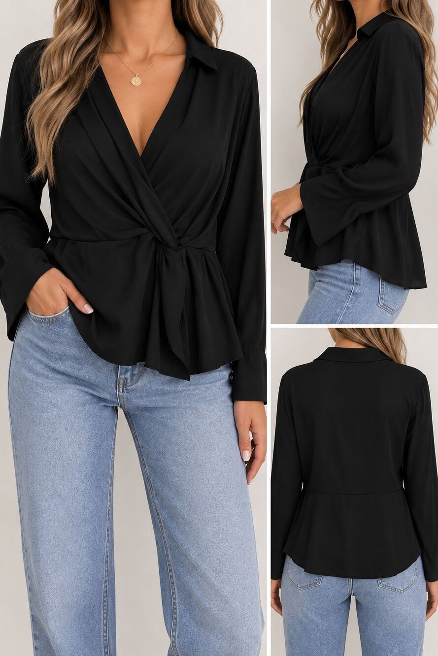 Naked Zebra Black Wrap Blouse Large NWT Collared Peplum Long Sleeve